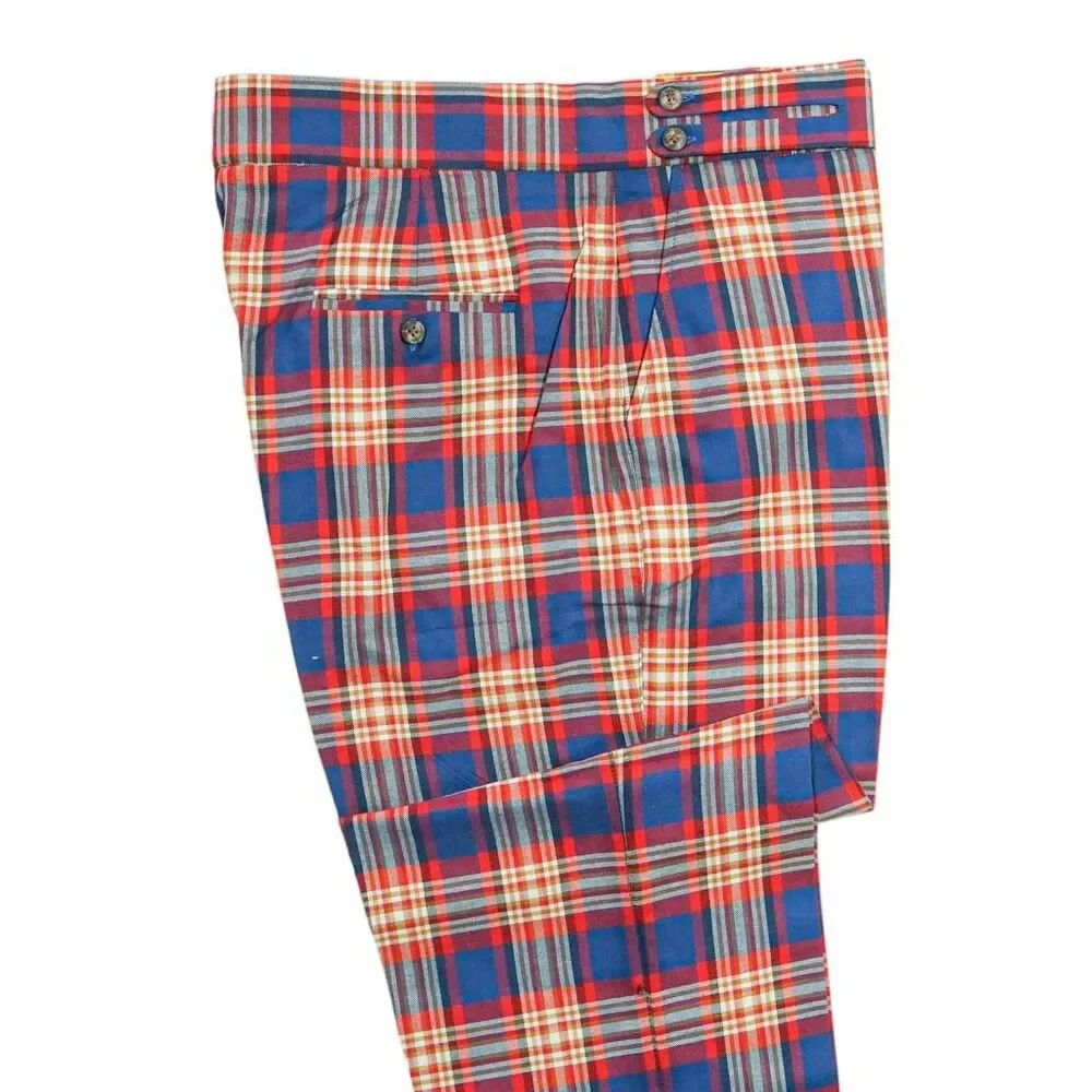 Mens Gurkha Pants 38 Blue Red Beige Plaid Dress Trousers Straight Fit Flat Front